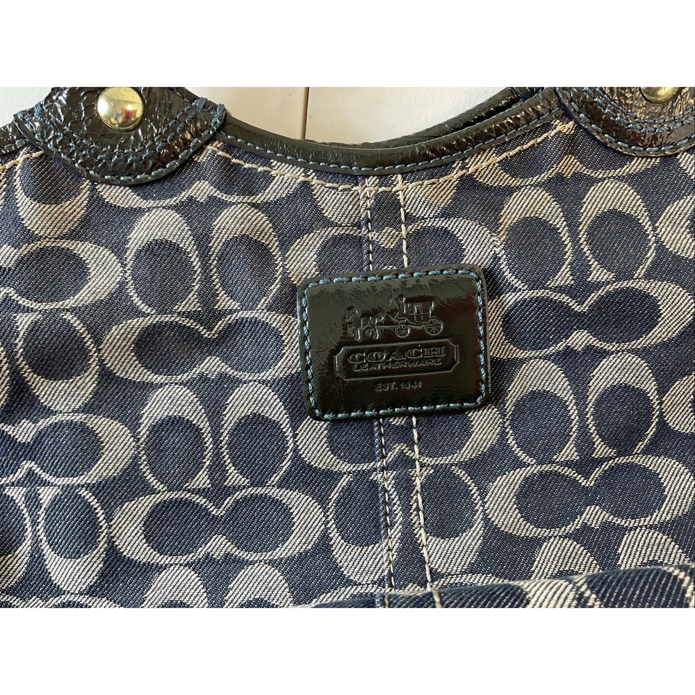 Vtg Coach black Navy canvas patent leather tote shop beach  travel shoulder bag‎ - Picture 4 of 12